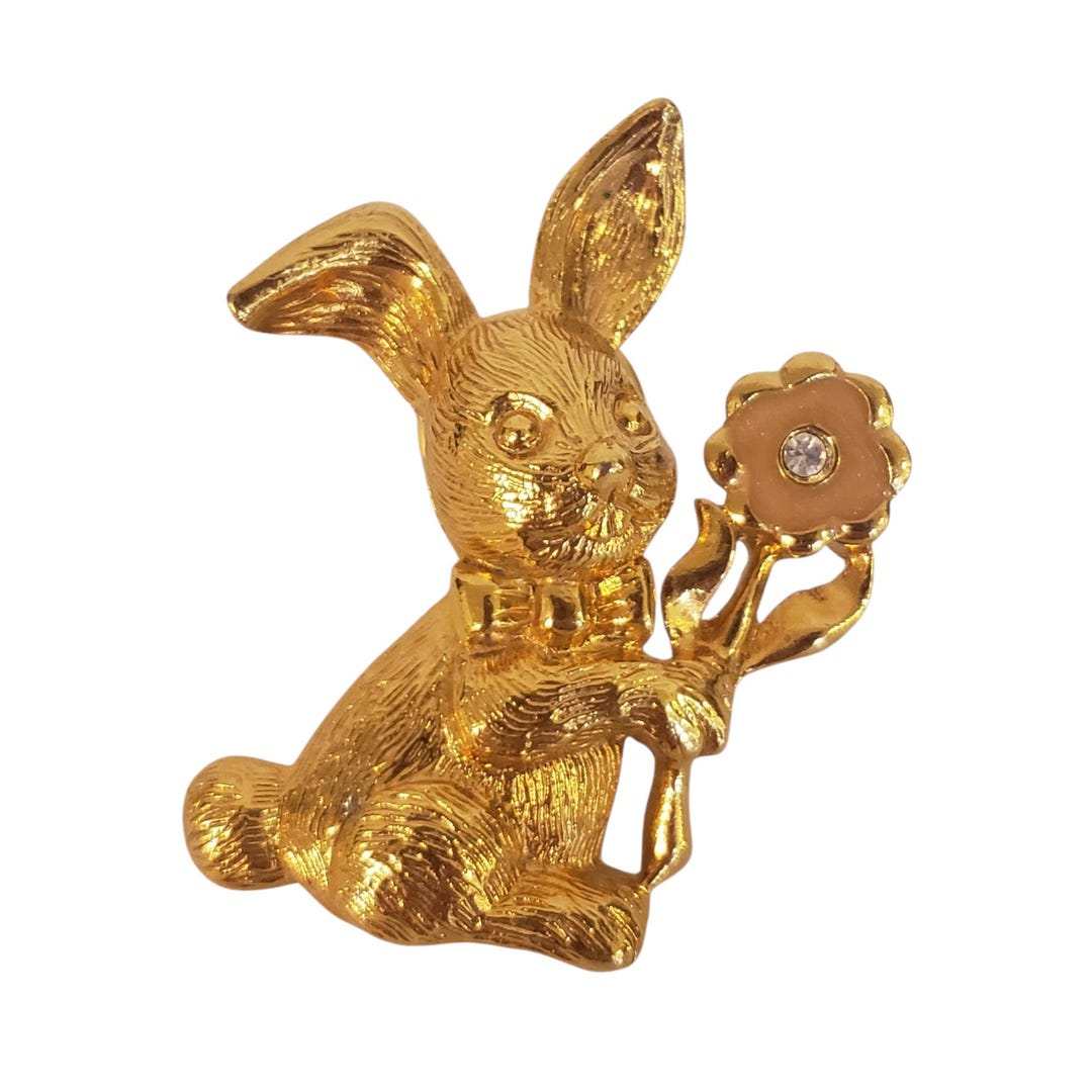 Gold-toned Easter Bunny Rabbit Pin Holding a Flower, Lapel Pin, Brooch ...