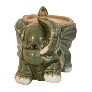Vintage Small Trunk up Elephant Pottery Dish Planter Pot Green Brown White