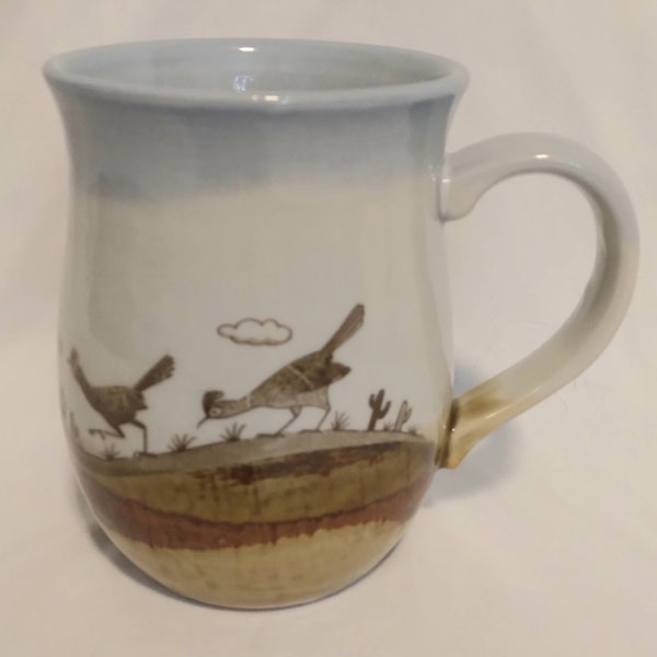 Roadrunner running in the desert pottery coffee tea cup mug blue brown cactus desert scene