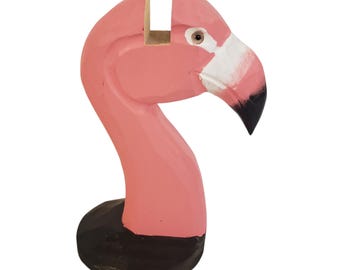 Houten gesneden 5 1/2" roze flamingo-standaard oogglas zonnebrilhouder