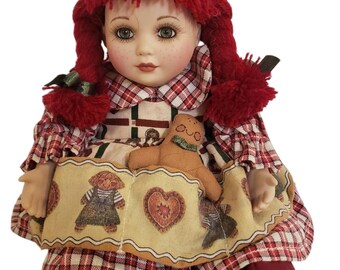 Marie Osmond kleine Porzellanpuppe Rote Haare Lebkuchenpuppe Kleid Gretel