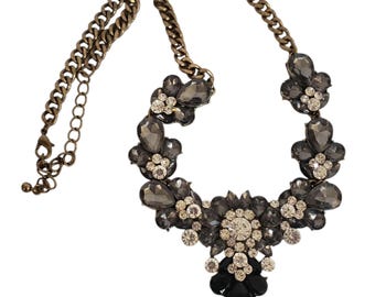Vintage Statement Kette bronzefarbene Kette verstellbar, schwarze und klare facettierte Strasssteine