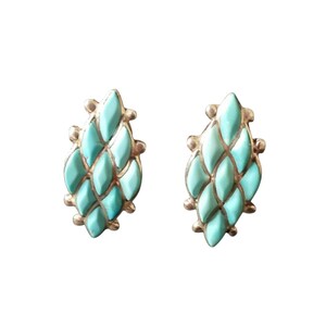 Silver toned inlaid turquoise colored diamond shaped pierced earrings