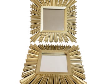 Set of 2 MCM Sunburst Mirrors, plastic square wall mirrors, gold-toned Midcentury Modern