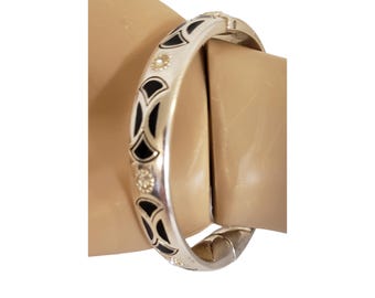 Brighton Silver Tone Hinged Bangle with Black Stones and Rhinestones