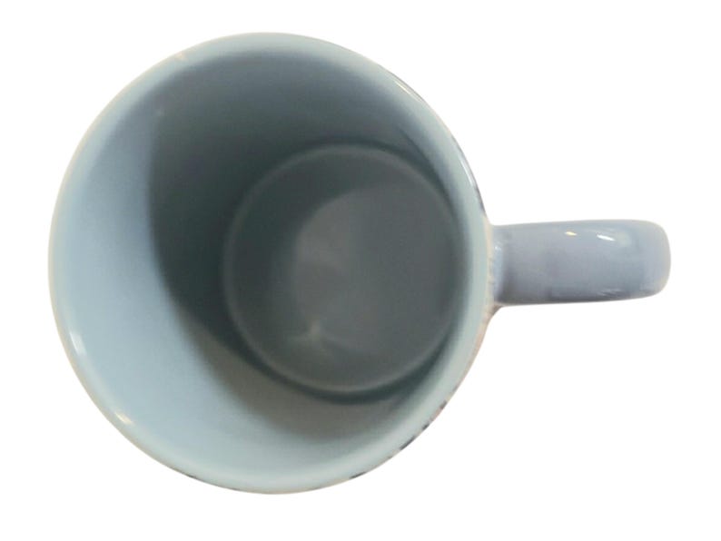 May include: A light blue ceramic mug with a matching handle. The interior of the mug is a darker shade of blue. The mug is empty and viewed from above.