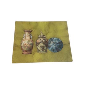 Green Rectangular glass decorative plate with pottery design and felt bottom