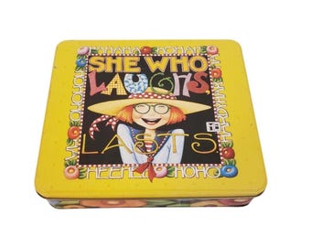 Mary Engelbreit Tin She Who Laughs Lasts from JC Penney Yellow Red Blue White
