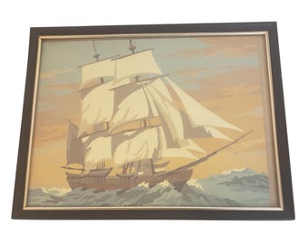 Vintage Paint by Number framed painting featuring a clipper ship design