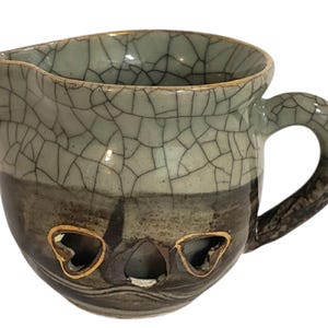 Somayki Creamer Double Wall Somaware Green Crackle Raku Pottery Gold Horse Logo 4 ounce