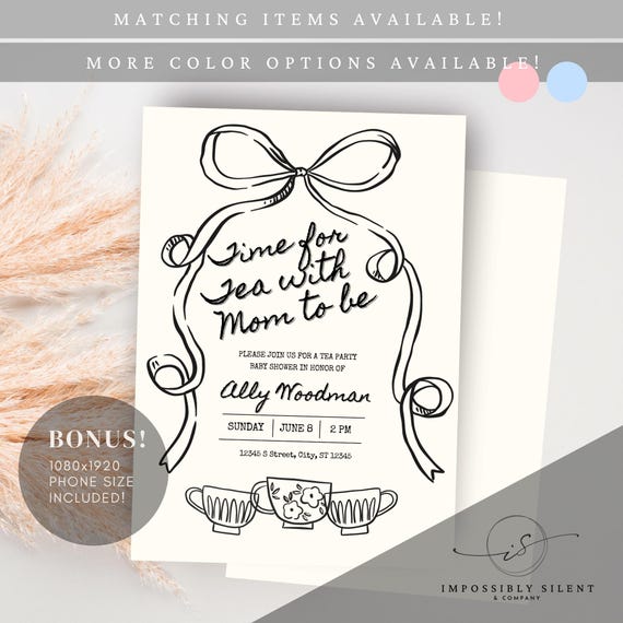 Tea with the Mom to Be Digital Baby Shower Invite, Editable Template, Instant Download, Tea Party Celebration, black and white cream