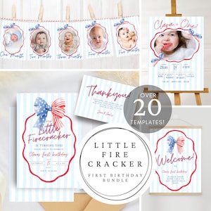 May include: A collection of patriotic-themed first birthday party templates. Includes a banner with baby photos, invitations, a welcome sign, and a thank you card. The theme is "Little Firecracker."