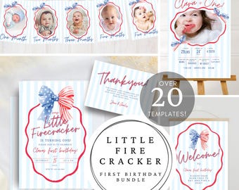 All American 1st Birthday Bundle, Printable Digital Invitation for Patriotic 4th of July Birthday Celebration, Little Firecracker Invitation