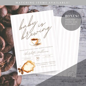 May include: Baby shower invitation with a coffee theme. The invitation features the words "baby is brewing" in elegant script, along with a watercolor illustration of a coffee cup. Includes a bonus 1080x1920 phone size. The invitation is for Charlotte Williams.