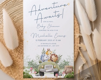 Travel Baby Shower Invitation Shower Evite, Printable Travel Theme Invite, Digital Template Boy Adventure Awaits Baby Shower Invite
