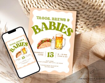 May include: A digital invitation for a baby shower with a pink background and green text. The invitation says "Tacos, Brews & Babies" and includes a cartoon image of a taco, a bottle, and a beer mug. The date is Sunday, June 15th, from 6-9 PM. The address is 3 Any Street, Any City, US 12345. The RSVP information is to Auntie at 123.456.7800.