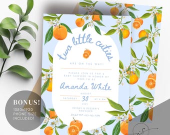 Two Little Cuties Editable Baby Shower Invite, Twin Baby Shower Template, Customizable, Instant Download