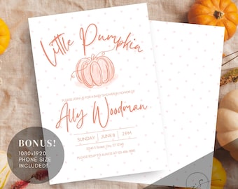 Ein kleiner Kürbis ist auf dem Weg Einladung, bearbeitbare Herbst-Babyparty einladen, digitaler Download, Herbstthema