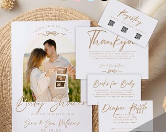 BUNDLE Simple Couples Baby Shower, Couples Baby Shower Set, Stylish Editable Invitation Bundle, Backyard Coed Shower Invite for Couples