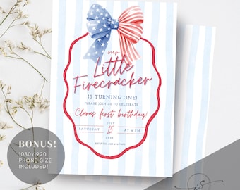 All American 1st Birthday Invite, Printable Digital Invitation for Patriotic 4th of July Birthday Celebration, Little Firecracker Invitation