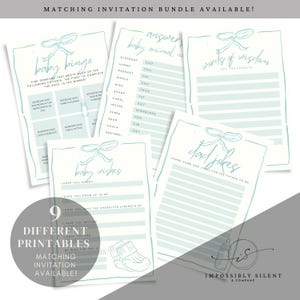 May include: Nine printable baby shower games with a blue and white color scheme. The games include baby bingo, baby animal names, words of wisdom for the parents, dad jokes, and baby wishes. The games are decorated with a blue ribbon.