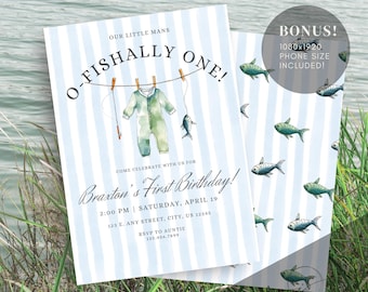 Invitación de primer cumpleaños de pesca para niños – Plantilla editable de Canva de Ofishally One – Invitación de primer cumpleaños con temática de pesca
