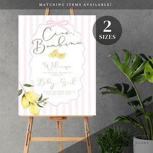 Placa de boas-vindas para chá de bebê rosa "Ciao", decoração de festa italiana editável, modelo digital para download, tema "Ciao Bambino"