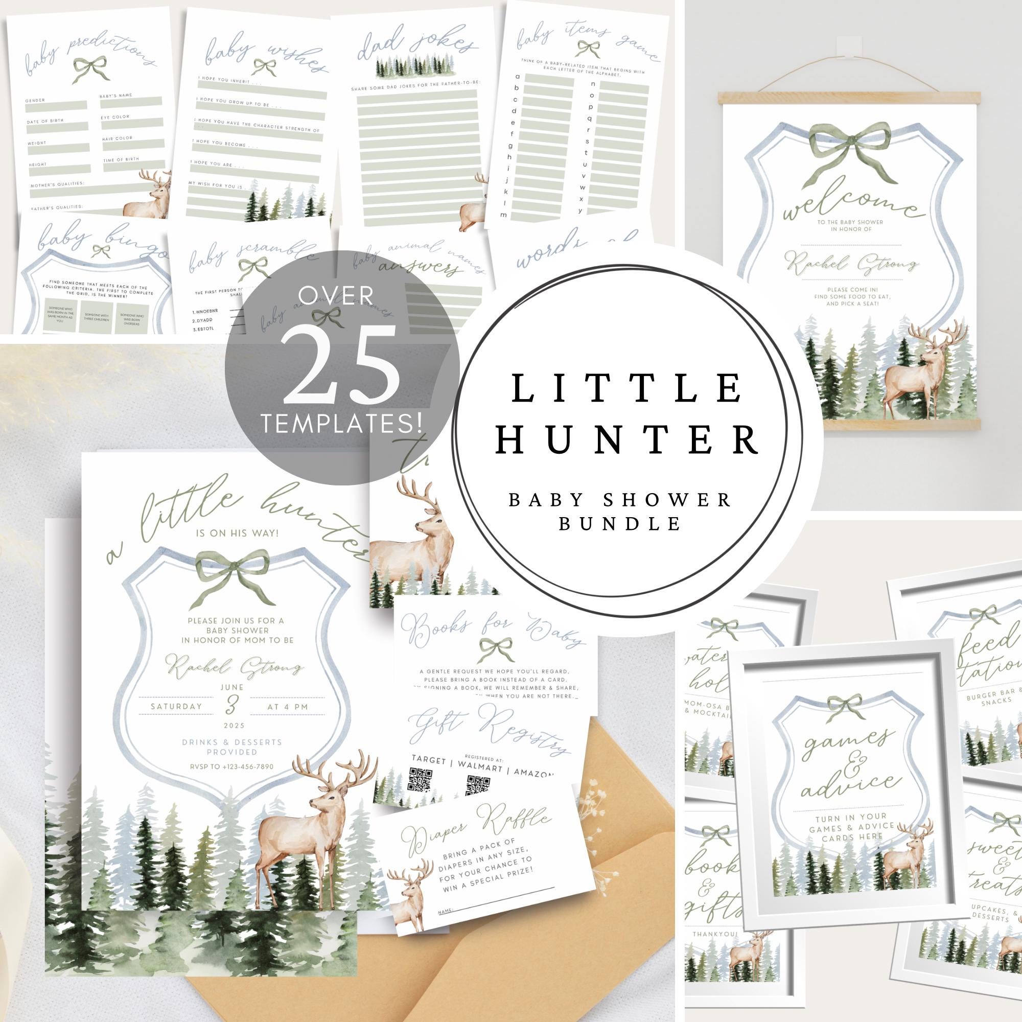 Lot baby shower, enseignes baby shower, petit chasseur, enseigne de table modifiable, décoration de chasse, baby shower de garçon, chasse au chevreuil, lot d'invitations
