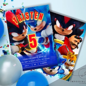 Faire-part d'anniversaire de Sonic le hérisson, modèle modifiable pour les enfants, invitation de fête imprimable, téléchargement immédiat