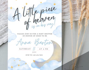 Boy Baby Shower, Baby Boy Shower, Piece of Heaven is on the Way Baby Shower Invitations, Digital Download, Editable Template, Clouds & Stars