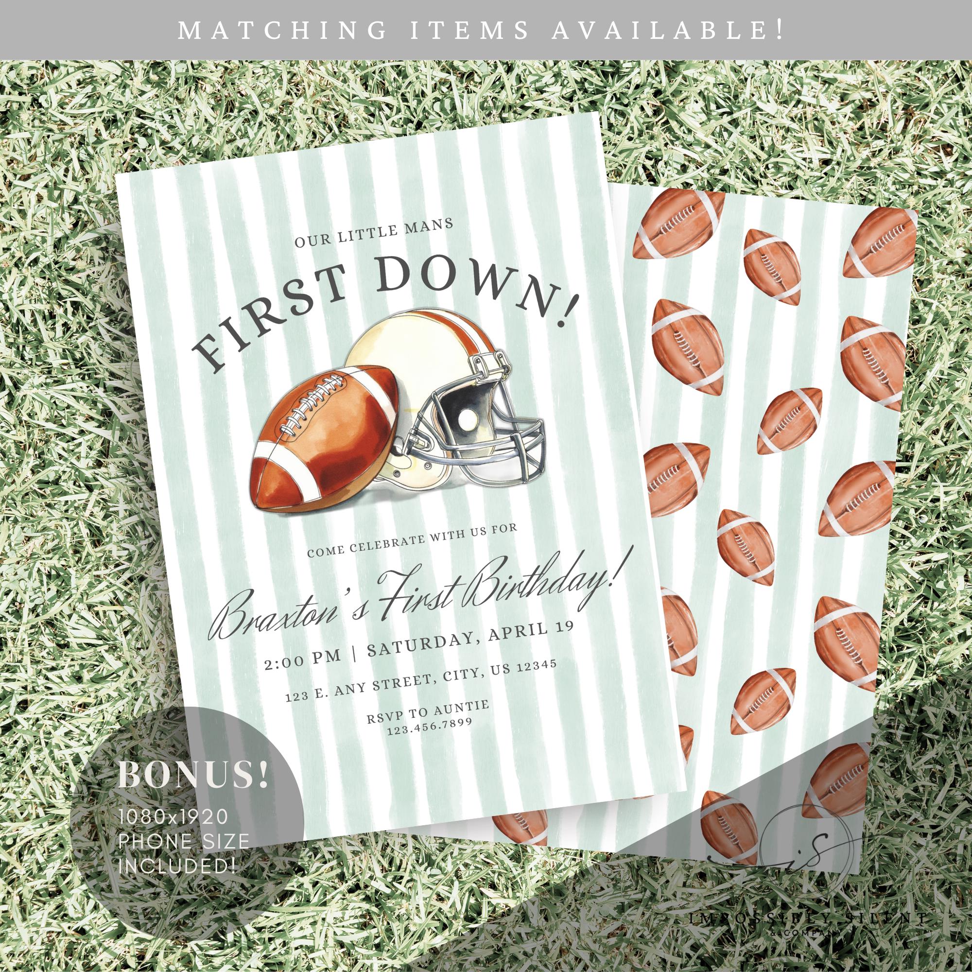 First Down Birthday Evite, Editable Football Invitation, 1st Birthday Digital Invite, Instant Download Template