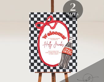Klaar om frisdrank babyshower welkomstbord te knallen, leuke bewerkbare sjabloon, direct downloaden, uitnodiging voor retrofeestje