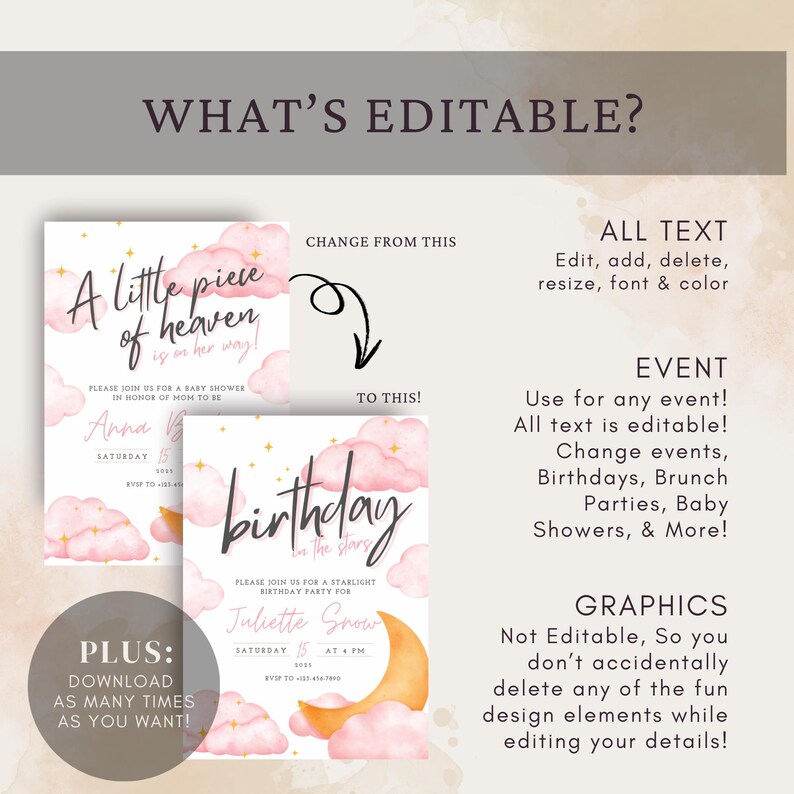 May include: Editable invitation templates in pink and gold, featuring cloud and star designs. The text reads "A little piece of heaven" and "birthday in the stars". Suitable for baby showers and birthday parties. All text is editable.