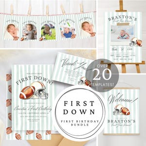 May include: A collection of baby's first birthday party templates with a football theme. Includes photo banners, invitations, welcome signs, and thank you cards. The designs feature footballs, helmets, and a striped background.