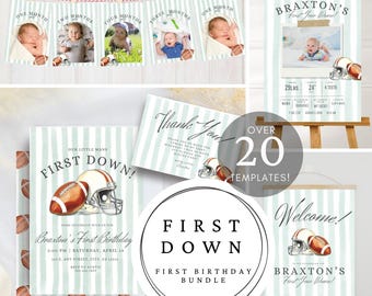 First Down Birthday Bundle Evite, Editable Football Invitation Bundle, 1st Birthday Digital Invite, Instant Download Template,Football Party