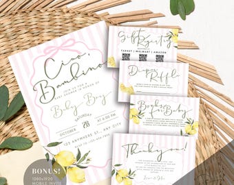 May include: A baby shower invitation suite with a lemon theme. The invitation features pink stripes, the words "Ciao, Bambino" and "Baby Boy." Matching gift registry, diaper raffle, book request, and thank you cards are included.