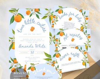 May include: A baby shower invitation suite with a blue and orange citrus theme. The invitation features a blue background with orange citrus fruit and white flowers. The text reads "Two Little Cuties Are On The Way!" and includes the date, time, and location of the shower. The other cards include a gift registry card, a diaper raffle card, and a thank you card.