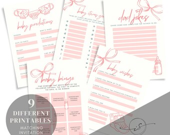 Puede incluir: Nueve tarjetas de juego de baby shower imprimibles con diseños en rosa y blanco. Los juegos incluyen predicciones de bebés, artículos de bebés que tú, chistes de papá, deseos de bebés y bingo de bebés.