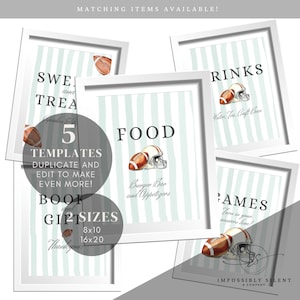 May include: A collection of framed signs with a football theme. The signs have a light blue and white striped background and feature text such as "SWEET and TREATS", "FOOD", "DRINKS", and "GAMES". Each sign includes a football and helmet illustration.