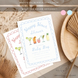 May include: Two baby shower invitations with a blue and pink color scheme. The invitations feature a watercolor illustration of cocktails and the text "Happy Hour Shower" and "Baby Boy".