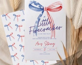 Little Firecracker Invitation, Red White and Due, 4th of July Theme, Editable Printable Invite Template, Firecracker on the way Invitation