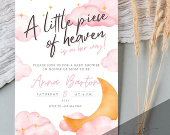 Piece of Heaven is on the Way Baby Shower Invitations, Digital Download, Editable Template, Clouds & Stars