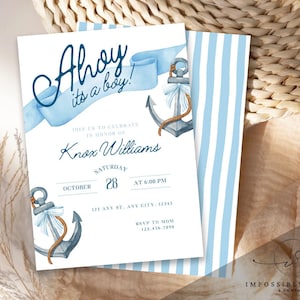 Nautical Baby Shower Invitations Evite, Editable Digital Template, Printable Boy Invite, Ocean Theme Design