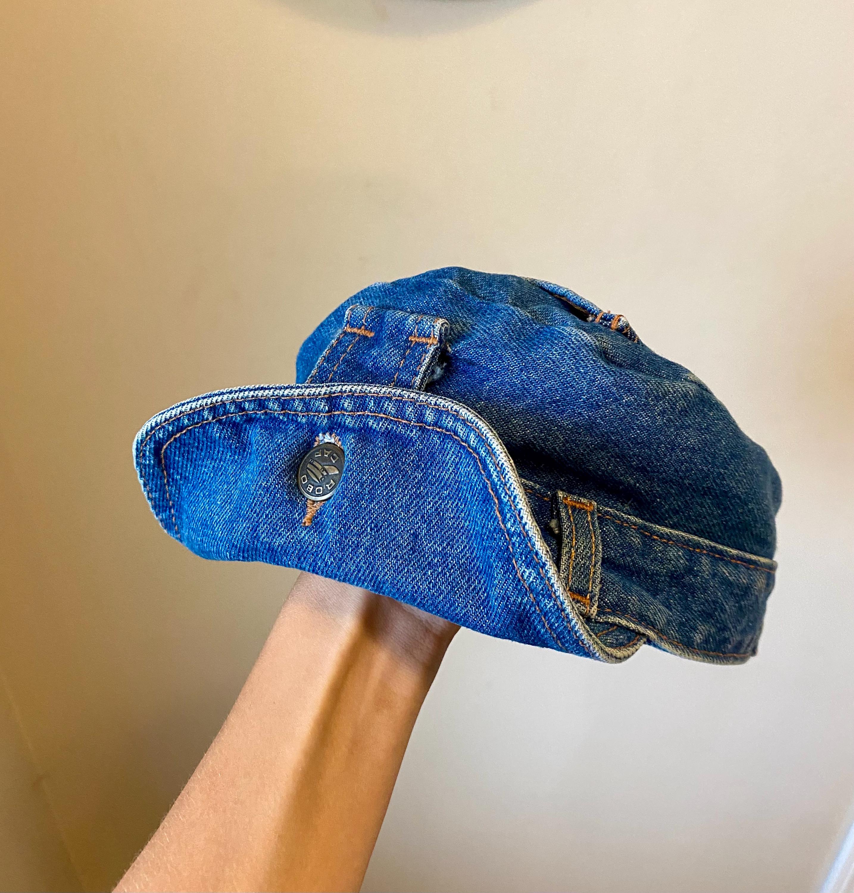 Vintage Denim Robo Cap Biker Hat | Retro Grunge Jean Rare 
