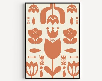 Oranje print, kunst aan de muur, bloemenprint, afdrukbare kunst, minimalistische print, instant download, digitale print, Scandinavische print, Scandinavische print, kunst aan de muur