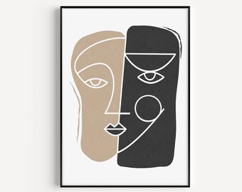 Face Print, Abstract Print, Wall Art Print, Neutral Print, Wall Art, Woman Print, Digital Print, Instant Download, Black Beige, Prints