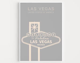 Könnte beinhalten: Ein grauer Poster mit weißem Text, der "LAS VEGAS, UNITED STATES OF AMERICA" lautet. Der Poster zeigt eine weiße Silhouette des ikonischen "Welcome to Fabulous Las Vegas"-Schilds mit einem Stern oben.