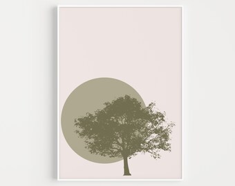 May include: A digital art print featuring a stylized tree silhouette in a muted green color against a pale pink background. The tree is positioned within a large, circular shape, also in muted green.
