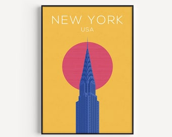 May include: A minimalist poster with a yellow background, a pink circle, and a blue skyscraper. The text "NEW YORK USA" is at the top of the poster.