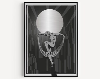 Impresión Art Déco, Art Déco, Arte Imprimible, Póster Art Déco, Impresión en Negro y Plata, Mujer Art Déco, Impresión de Arte Mural, Impresión en Negro y Gris, Impresión Artística